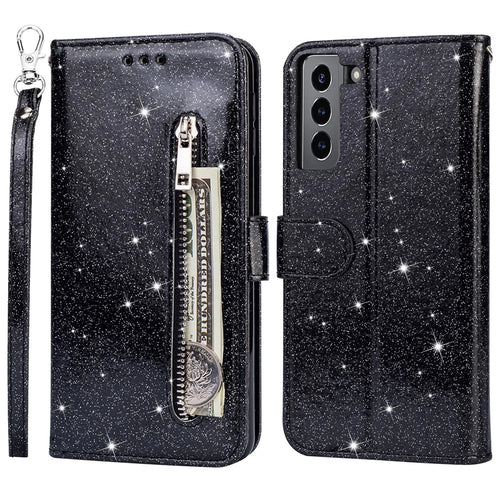 Glitter Sequins Leather Phone Wallet Stand Case Cover with Zipper Pocket Design for Samsung Galaxy S22 5G - Black - 1