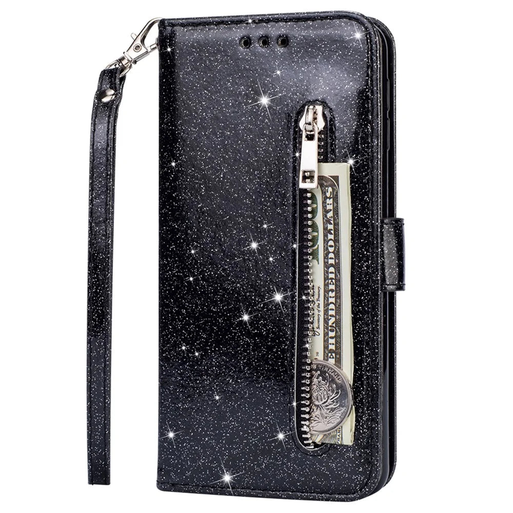 Glitter Sequins Leather Phone Wallet Stand Case Cover with Zipper Pocket Design for Samsung Galaxy S22 5G - Black - 2