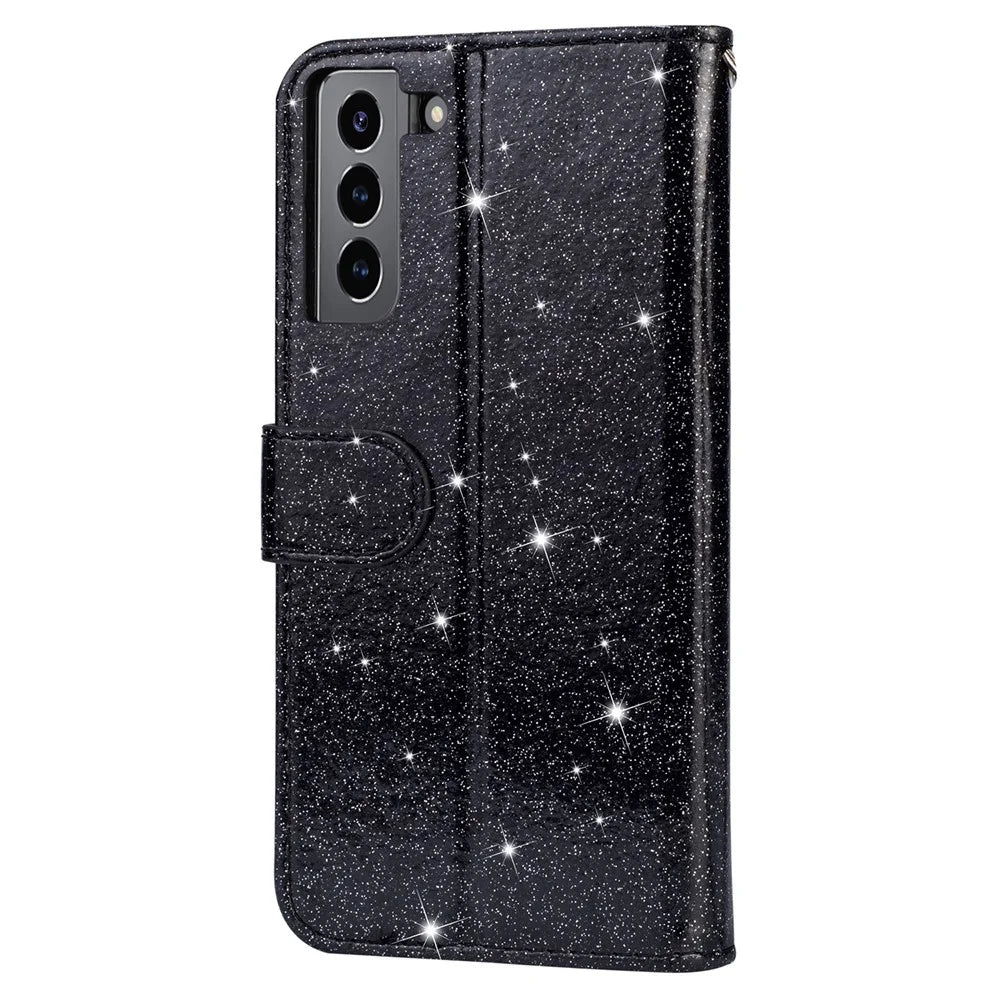 Glitter Sequins Leather Phone Wallet Stand Case Cover with Zipper Pocket Design for Samsung Galaxy S22 5G - Black - 3