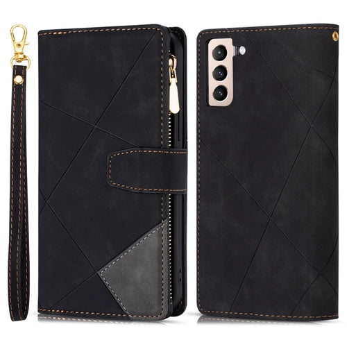Zipper Pocket Color Splicing Lines Design Case Well-protected PU Leather Wallet Stand Phone Cover for Samsung Galaxy S22 5G - Black - 1