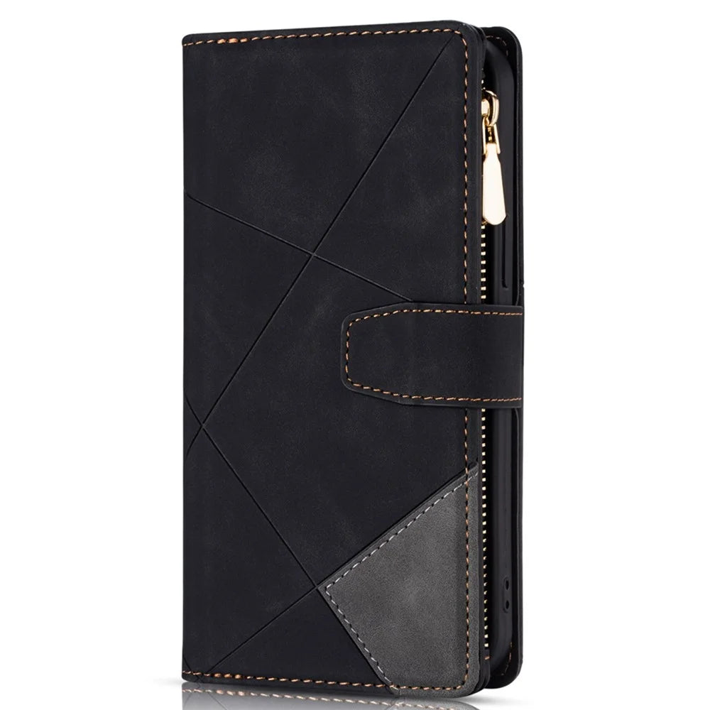 Zipper Pocket Color Splicing Lines Design Case Well-protected PU Leather Wallet Stand Phone Cover for Samsung Galaxy S22 5G - Black - 2