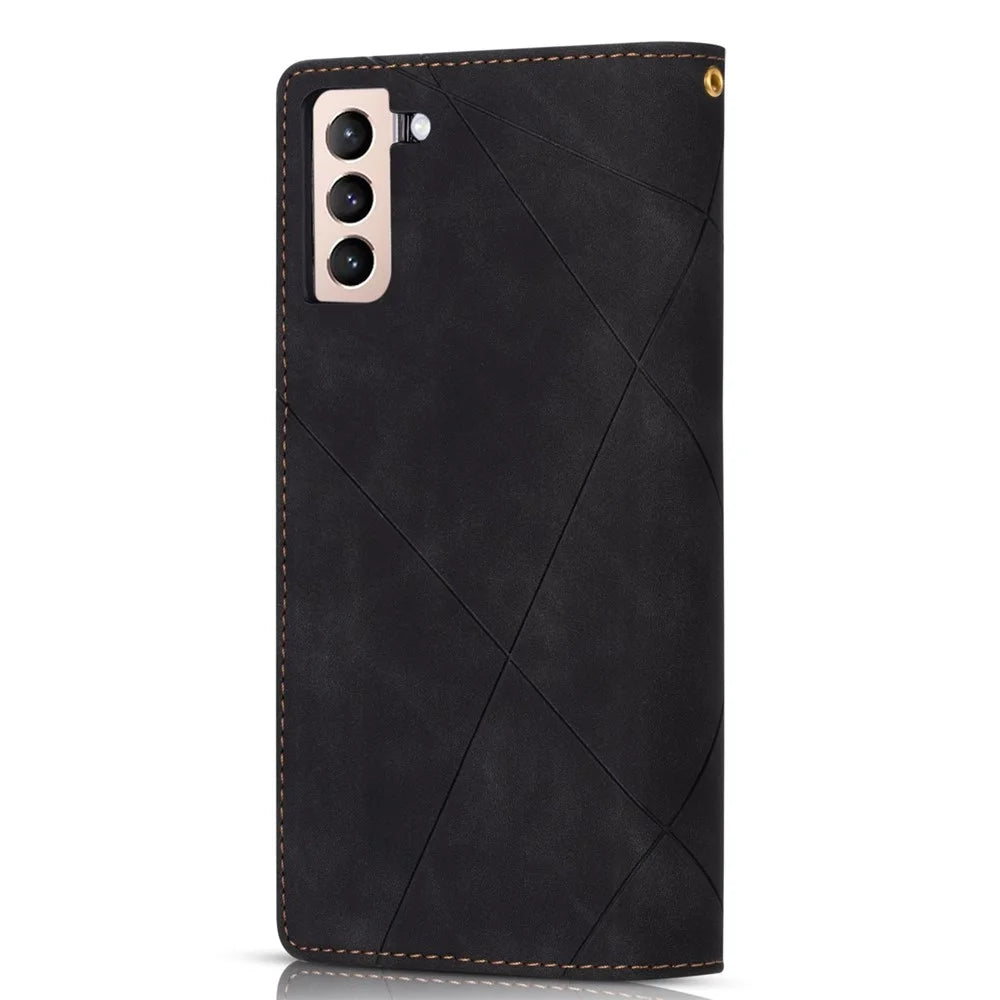 Zipper Pocket Color Splicing Lines Design Case Well-protected PU Leather Wallet Stand Phone Cover for Samsung Galaxy S22 5G - Black - 3