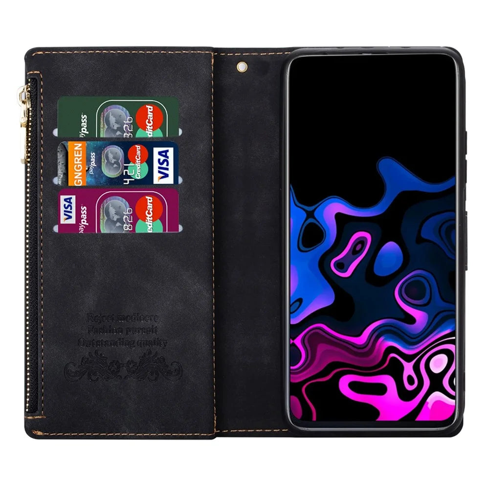 Zipper Pocket Color Splicing Lines Design Case Well-protected PU Leather Wallet Stand Phone Cover for Samsung Galaxy S22 5G - Black - 4