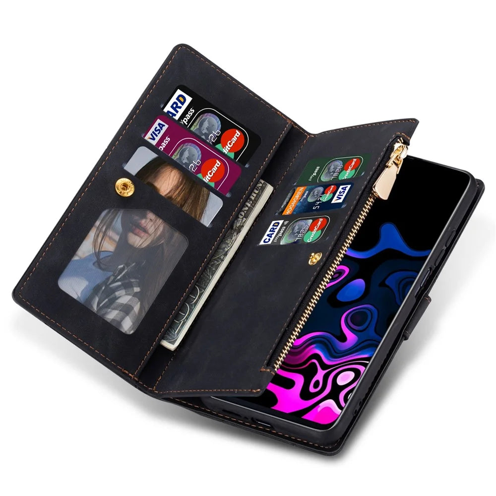 Zipper Pocket Color Splicing Lines Design Case Well-protected PU Leather Wallet Stand Phone Cover for Samsung Galaxy S22 5G - Black - 6