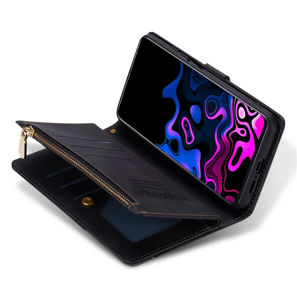 Zipper Pocket Color Splicing Lines Design Case Well-protected PU Leather Wallet Stand Phone Cover for Samsung Galaxy S22 5G - Black - 7