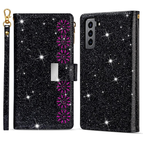 Laser Carving Glittery Starry Style Magnetic Clasp Zipper Wallet Stand Leather Phone Case with Strap for Samsung Galaxy S22 5G - Black - 1