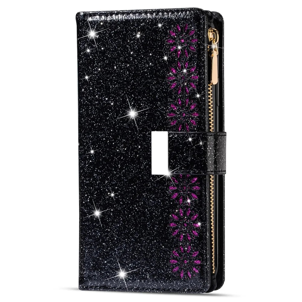 Laser Carving Glittery Starry Style Magnetic Clasp Zipper Wallet Stand Leather Phone Case with Strap for Samsung Galaxy S22 5G - Black - 2