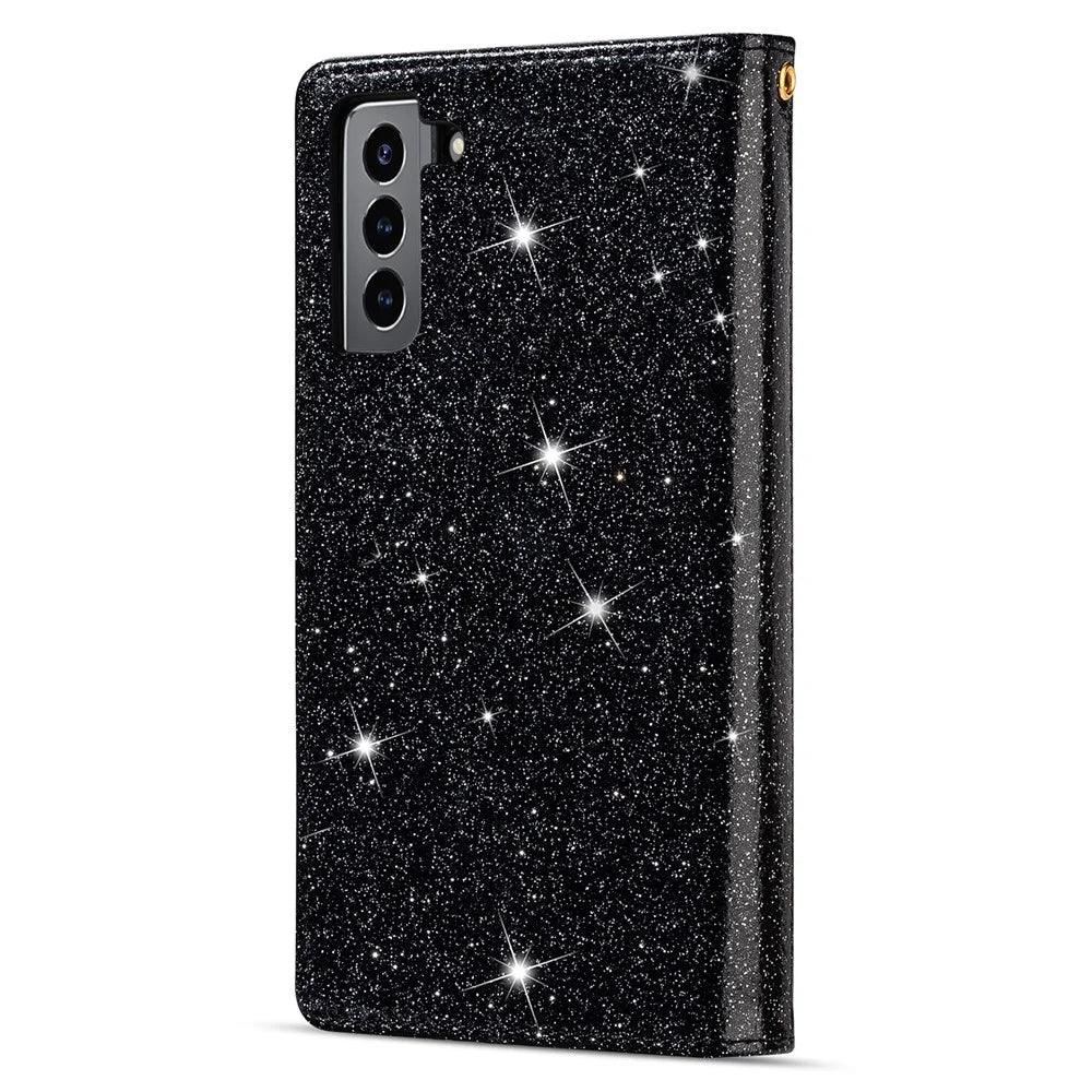 Laser Carving Glittery Starry Style Magnetic Clasp Zipper Wallet Stand Leather Phone Case with Strap for Samsung Galaxy S22 5G - Black - 3