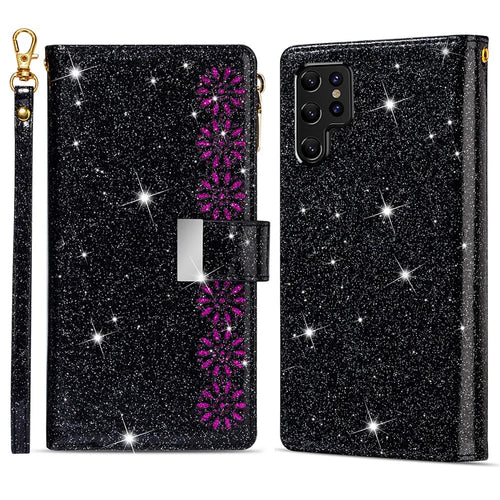 Laser Carving Glittery Starry Style Zipper Wallet Stand Fully Wrapped Leather Phone Case with Strap for Samsung Galaxy S22 Ultra 5G - Black - 1