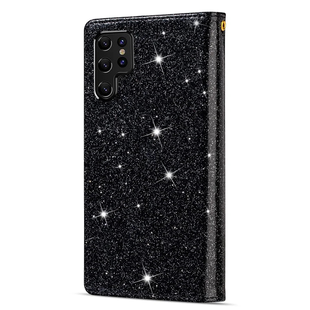 Laser Carving Glittery Starry Style Zipper Wallet Stand Fully Wrapped Leather Phone Case with Strap for Samsung Galaxy S22 Ultra 5G - Black - 3