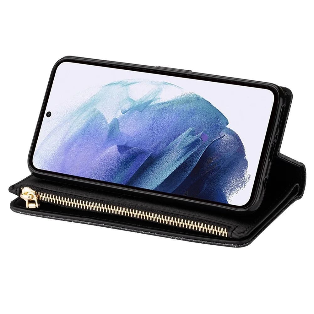 Laser Carving Glittery Starry Style Zipper Wallet Stand Fully Wrapped Leather Phone Case with Strap for Samsung Galaxy S22 Ultra 5G - Black - 4
