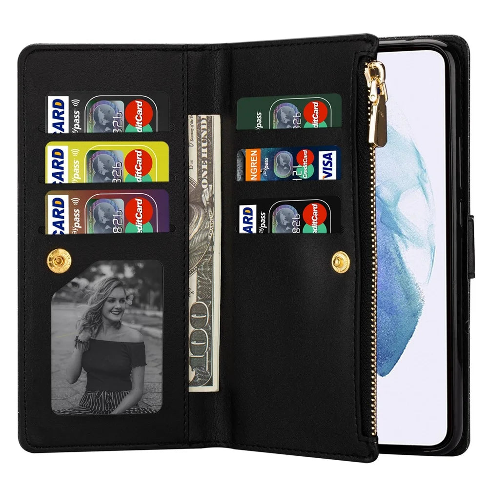 Laser Carving Glittery Starry Style Zipper Wallet Stand Fully Wrapped Leather Phone Case with Strap for Samsung Galaxy S22 Ultra 5G - Black - 6