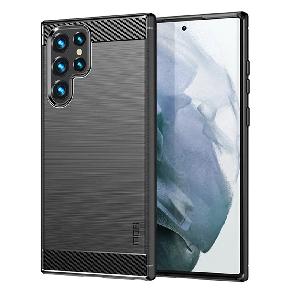 MOFI Brushed Carbon Fiber Design Soft TPU Cover Well-Protected Case for Samsung Galaxy S22 Ultra 5G - Black - 1