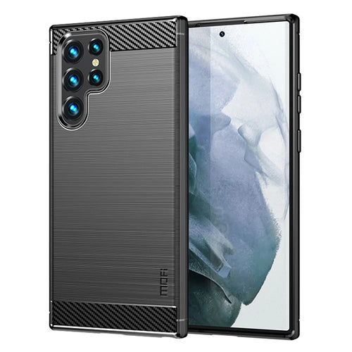 MOFI Brushed Carbon Fiber Design Soft TPU Cover Well-Protected Case for Samsung Galaxy S22 Ultra 5G - Black - 1