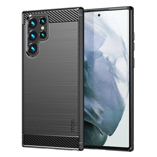MOFI Brushed Carbon Fiber Design Soft TPU Cover Well-Protected Case for Samsung Galaxy S22 Ultra 5G - Black - 1