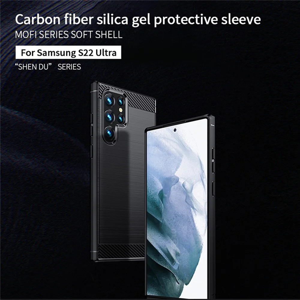 MOFI Brushed Carbon Fiber Design Soft TPU Cover Well-Protected Case for Samsung Galaxy S22 Ultra 5G - Black - 3
