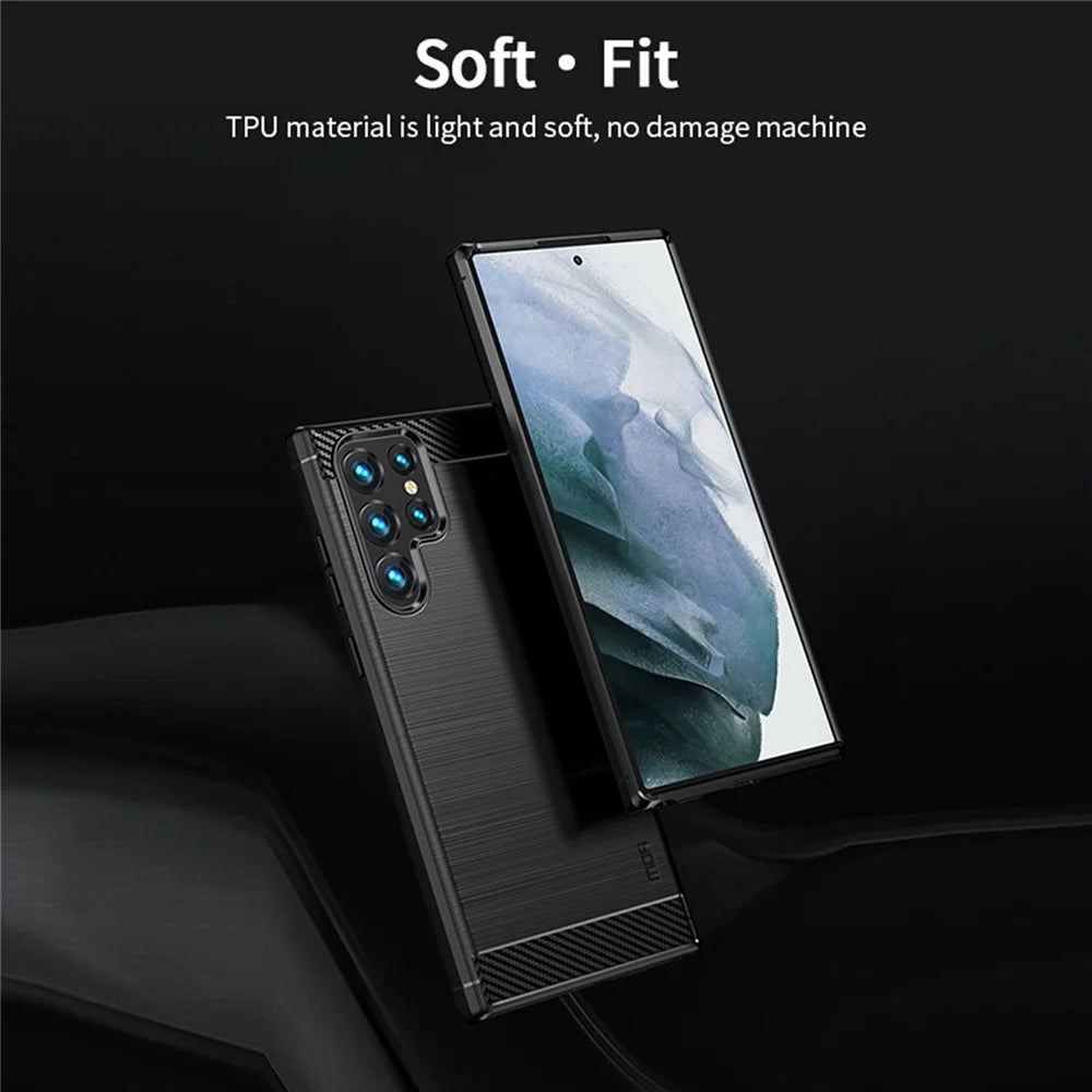 MOFI Brushed Carbon Fiber Design Soft TPU Cover Well-Protected Case for Samsung Galaxy S22 Ultra 5G - Black - 4