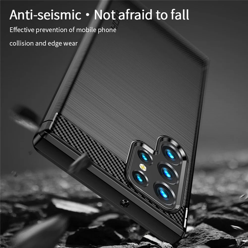 MOFI Brushed Carbon Fiber Design Soft TPU Cover Well-Protected Case for Samsung Galaxy S22 Ultra 5G - Black - 5