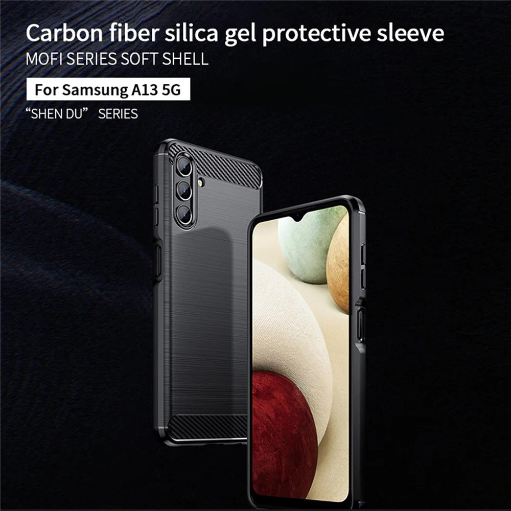 MOFI TPU Phone Cover Brushed Carbon Fiber Design Soft Well-Protected Case for Samsung Galaxy A13 5G / A04s 4G (164.7mm) - Black - 3