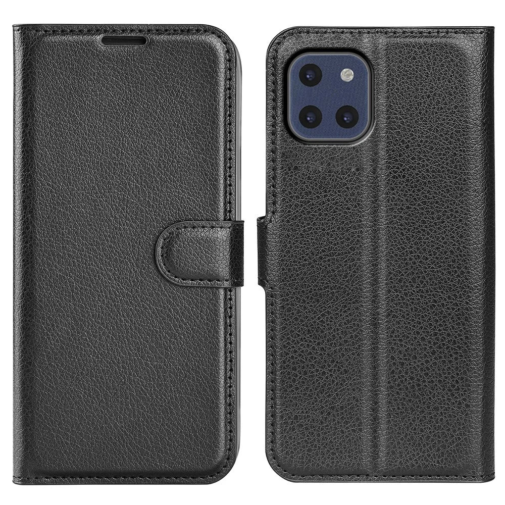 Litchi Texture Well-protected PU Leather Folio Case Magnetic Clasp Phone Cover with Stand Wallet for Samsung Galaxy A03 (166.5mm) - Black - 1