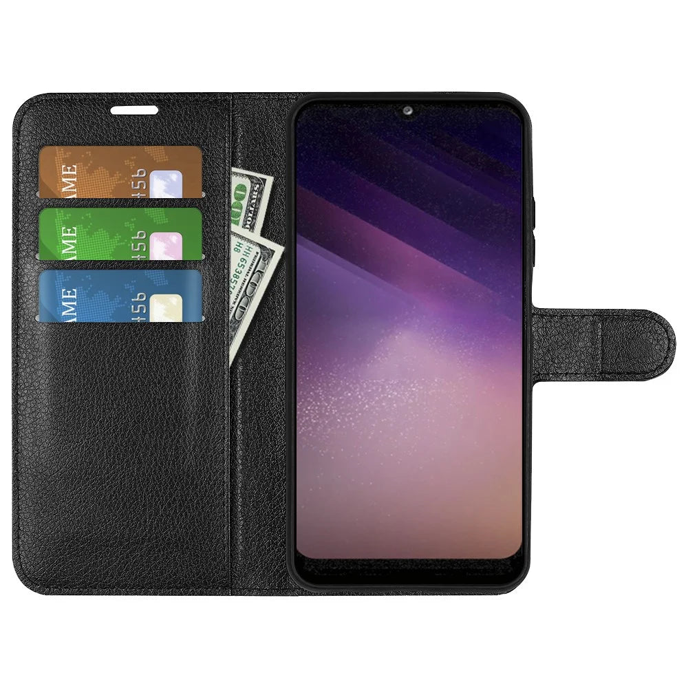 Litchi Texture Well-protected PU Leather Folio Case Magnetic Clasp Phone Cover with Stand Wallet for Samsung Galaxy A03 (166.5mm) - Black - 4