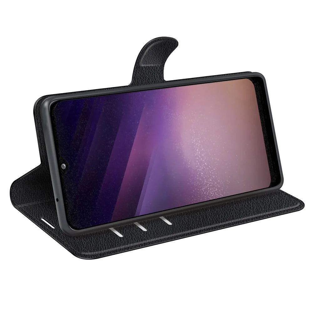 Litchi Texture Well-protected PU Leather Folio Case Magnetic Clasp Phone Cover with Stand Wallet for Samsung Galaxy A03 (166.5mm) - Black - 5