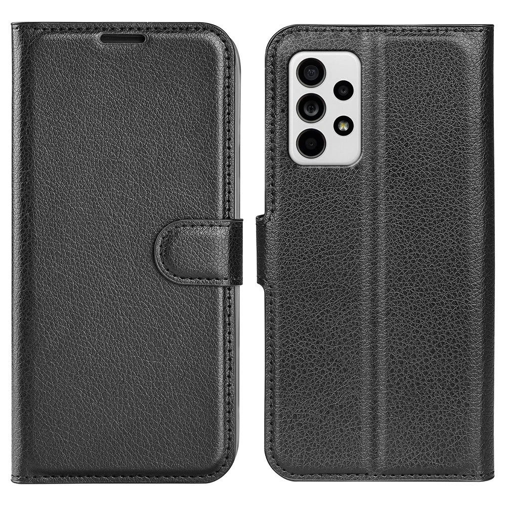 For Samsung Galaxy A33 5G Litchi Texture PU Leather Flip Stand Case Wallet Style Magnetic Clasp Protective Phone Cover - Black - 1