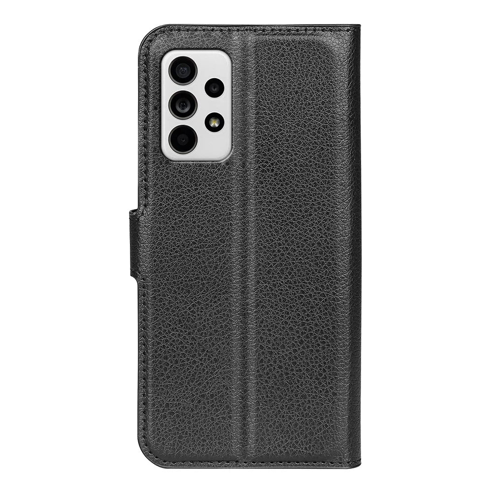 For Samsung Galaxy A33 5G Litchi Texture PU Leather Flip Stand Case Wallet Style Magnetic Clasp Protective Phone Cover - Black - 3