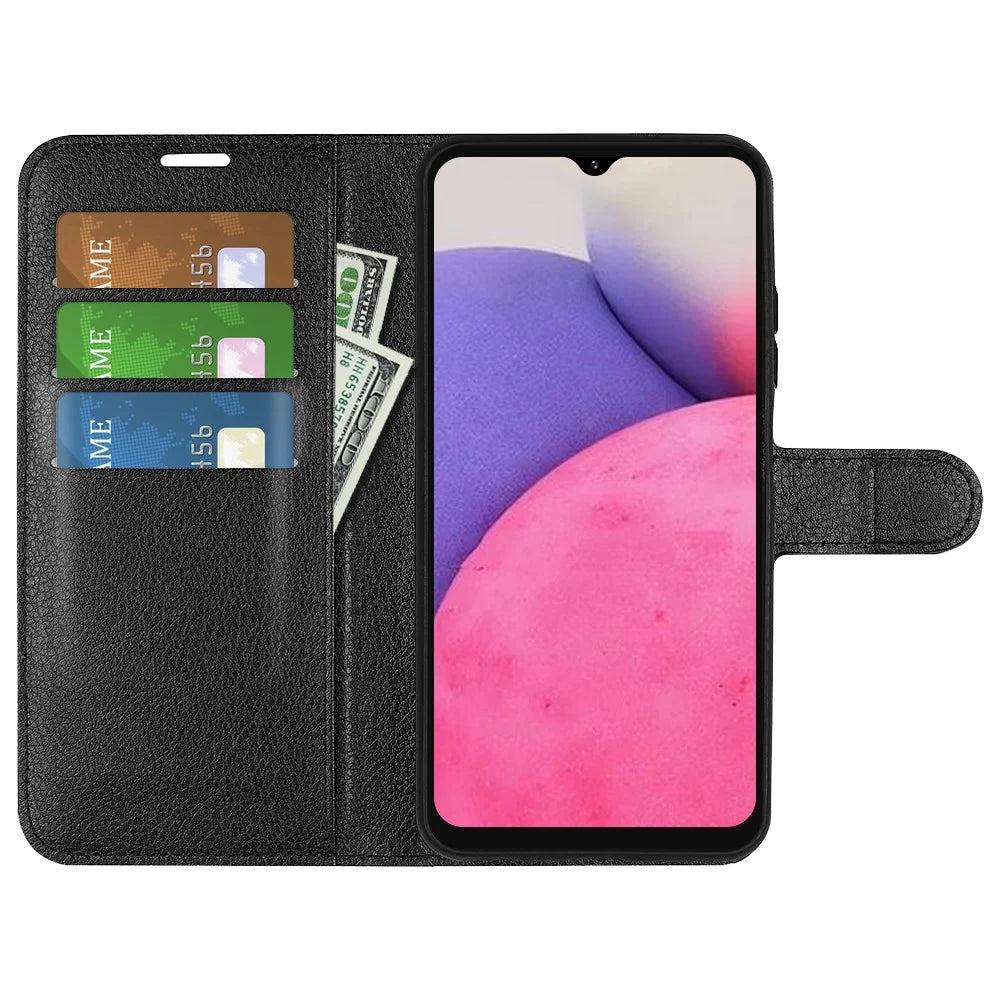 For Samsung Galaxy A33 5G Litchi Texture PU Leather Flip Stand Case Wallet Style Magnetic Clasp Protective Phone Cover - Black - 4