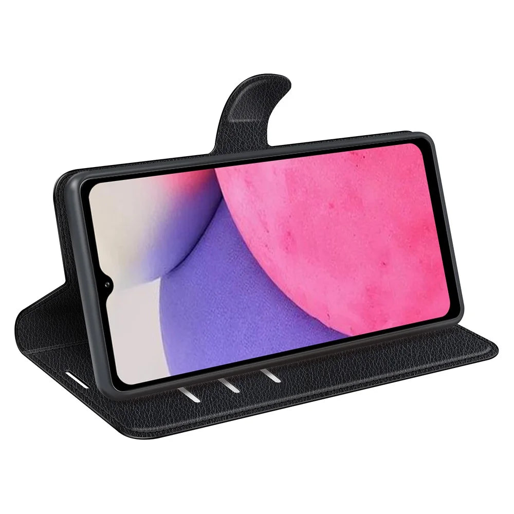 For Samsung Galaxy A33 5G Litchi Texture PU Leather Flip Stand Case Wallet Style Magnetic Clasp Protective Phone Cover - Black - 5