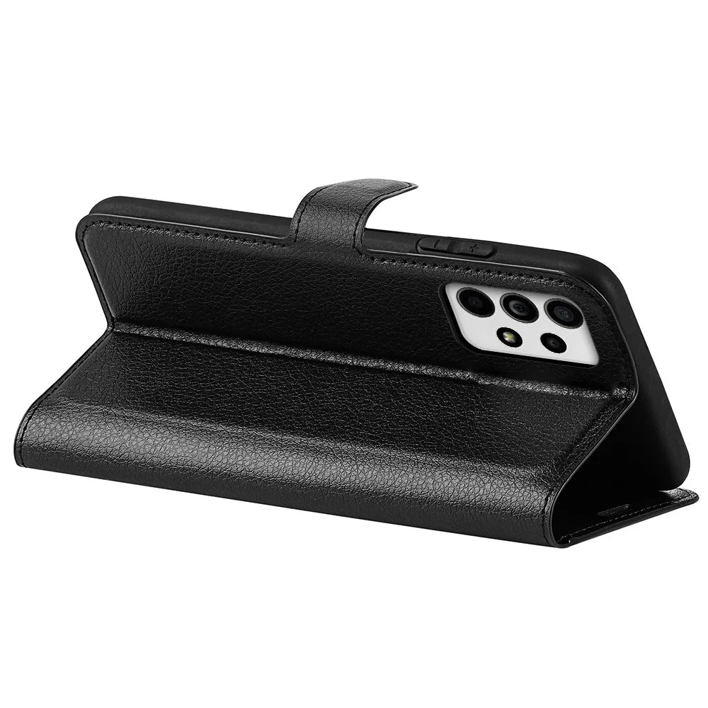 For Samsung Galaxy A33 5G Litchi Texture PU Leather Flip Stand Case Wallet Style Magnetic Clasp Protective Phone Cover - Black - 6