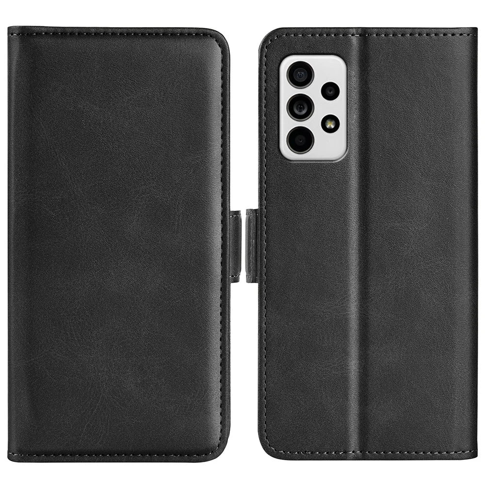 Double Clasps Magnetic Closure Leather Phone Case Horizontal Flip Cover with Wallet Stand for Samsung Galaxy A33 5G - Black - 1