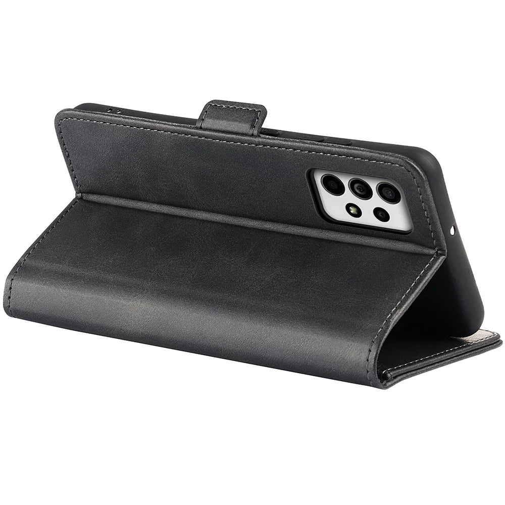 Double Clasps Magnetic Closure Leather Phone Case Horizontal Flip Cover with Wallet Stand for Samsung Galaxy A33 5G - Black - 6