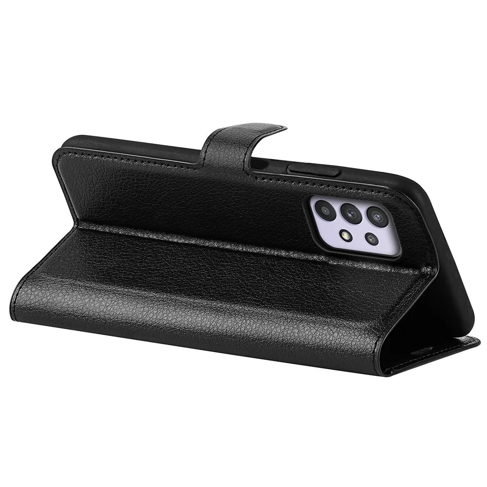 For Samsung Galaxy A53 5G Litchi Texture PU Leather Folio Case Magnetic Clasp Anti-scratch Phone Cover with Stand Wallet - Black - 6