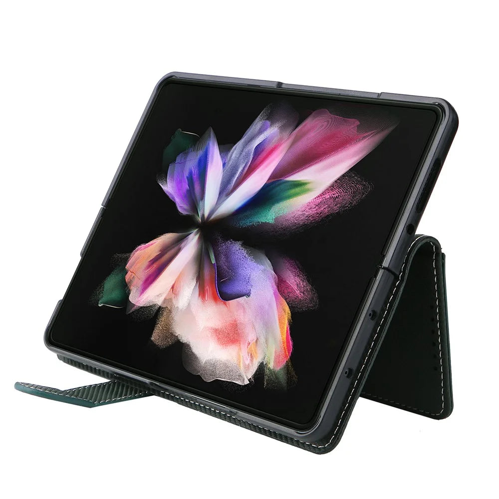 Stand Wallet PU Leather Cover Pen Slot Design Detachable Leather Coated PC Phone Case for Samsung Galaxy Z Fold3 5G - Green - 4