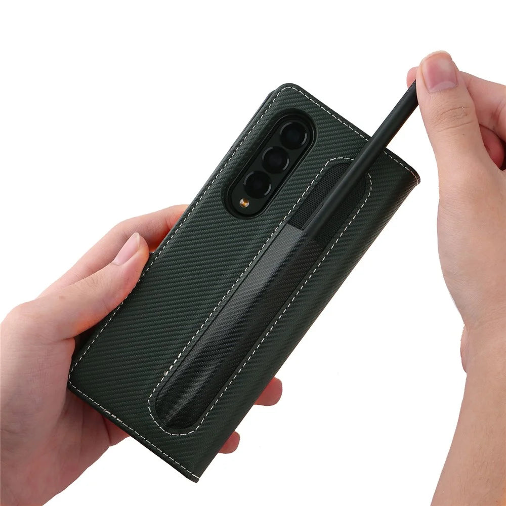 Stand Wallet PU Leather Cover Pen Slot Design Detachable Leather Coated PC Phone Case for Samsung Galaxy Z Fold3 5G - Green - 6