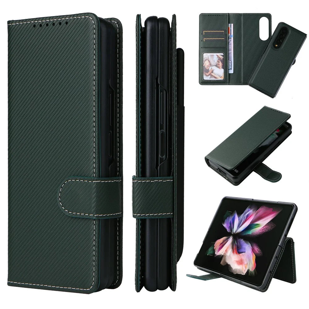 Stand Wallet PU Leather Cover Pen Slot Design Detachable Leather Coated PC Phone Case for Samsung Galaxy Z Fold3 5G - Green - 7
