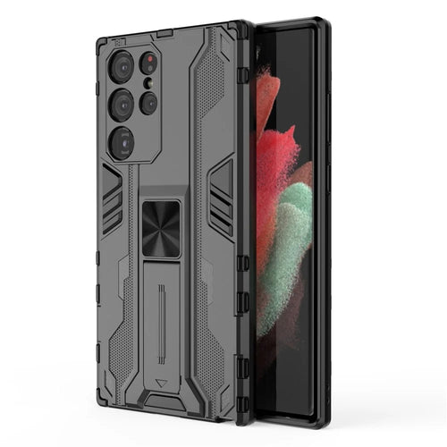 Anti-Fingerprint Hard PC + Soft TPU Shockproof Phone Cover with Kickstand for Samsung Galaxy S22 Ultra 5G - Black - 1