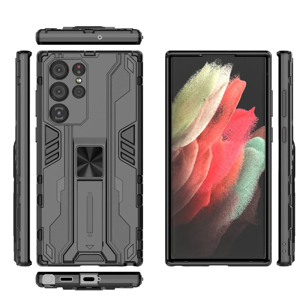 Anti-Fingerprint Hard PC + Soft TPU Shockproof Phone Cover with Kickstand for Samsung Galaxy S22 Ultra 5G - Black - 5