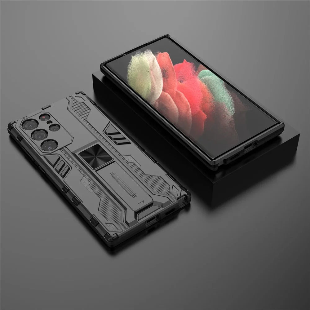 Anti-Fingerprint Hard PC + Soft TPU Shockproof Phone Cover with Kickstand for Samsung Galaxy S22 Ultra 5G - Black - 6