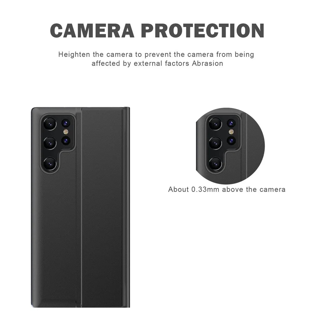 For Samsung Galaxy S22 Ultra 5G Anti-Drop Stand Folio Cover PU Leather View Window Phone Case - Black - 6
