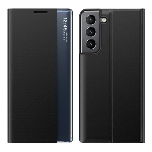For Samsung Galaxy S22 5G Stand Folio Flip Cover PU Leather Auto-Absorbed Phone Case with View Window - Black - 1