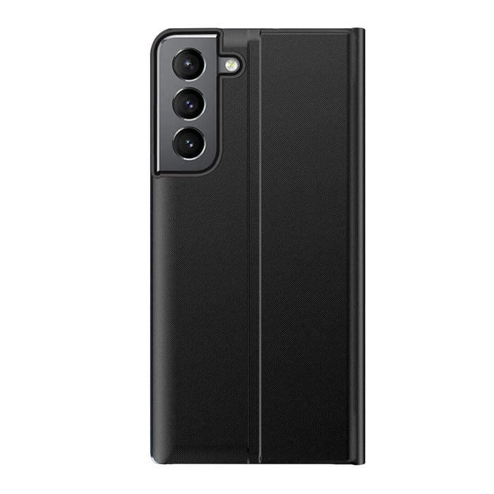 For Samsung Galaxy S22 5G Stand Folio Flip Cover PU Leather Auto-Absorbed Phone Case with View Window - Black - 3