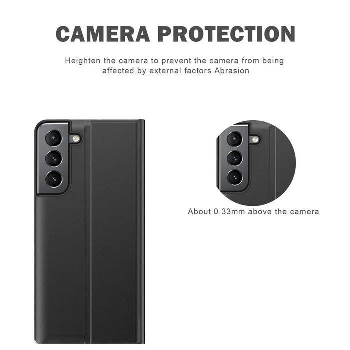 For Samsung Galaxy S22 5G Stand Folio Flip Cover PU Leather Auto-Absorbed Phone Case with View Window - Black - 6