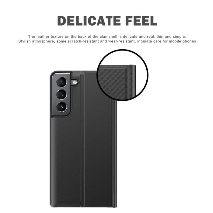 For Samsung Galaxy S22 5G Stand Folio Flip Cover PU Leather Auto-Absorbed Phone Case with View Window - Black - 7