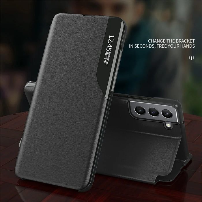 Case View Window PU Leather Stand Cover for Samsung Galaxy S22 5G - Black - 4