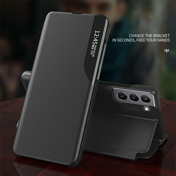 Case View Window PU Leather Stand Cover for Samsung Galaxy S22+ 5G - Black - 4