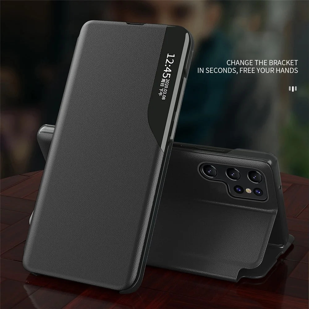Case View Window PU Leather Stand Cover for Samsung Galaxy S22 Ultra 5G - Black - 4