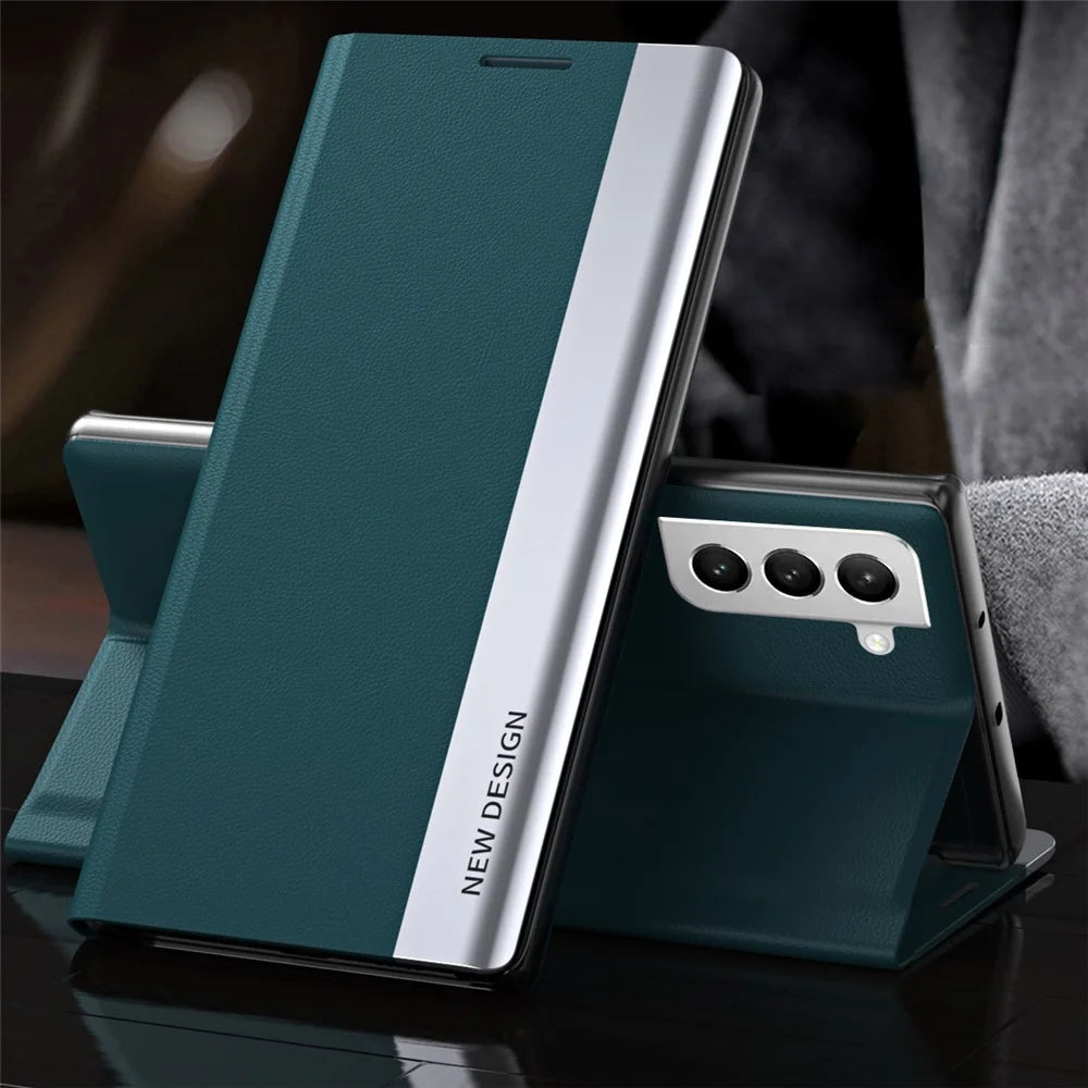 PU Leather Stand Auto Absorption Phone Flip Cover Case for Samsung Galaxy S22+ 5G - Green - 2