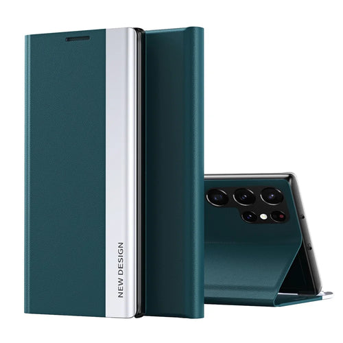 Light Slim Anti-drop PU Leather Phone Cover with Stand for Samsung Galaxy S22 Ultra 5G - Green - 1